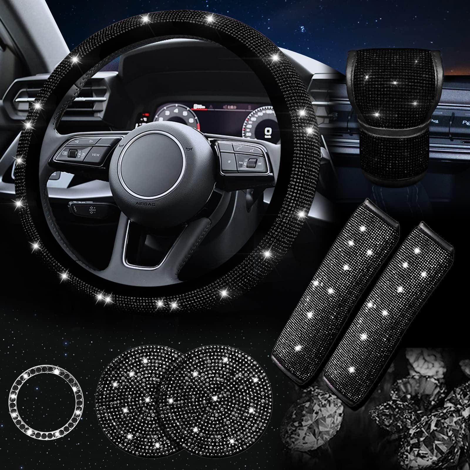 Car steering wheel cover, diamond-shaped new all-season universal seatbelt cover, multi-piece coaster steering wheel protective cover