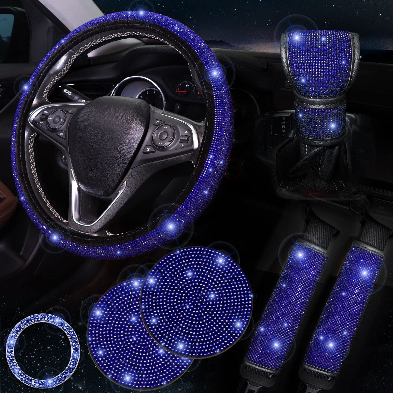 Car steering wheel cover, universal rhinestone-inlaid seatbelt cover, shoulder pad, seven-piece cross-border bestseller set