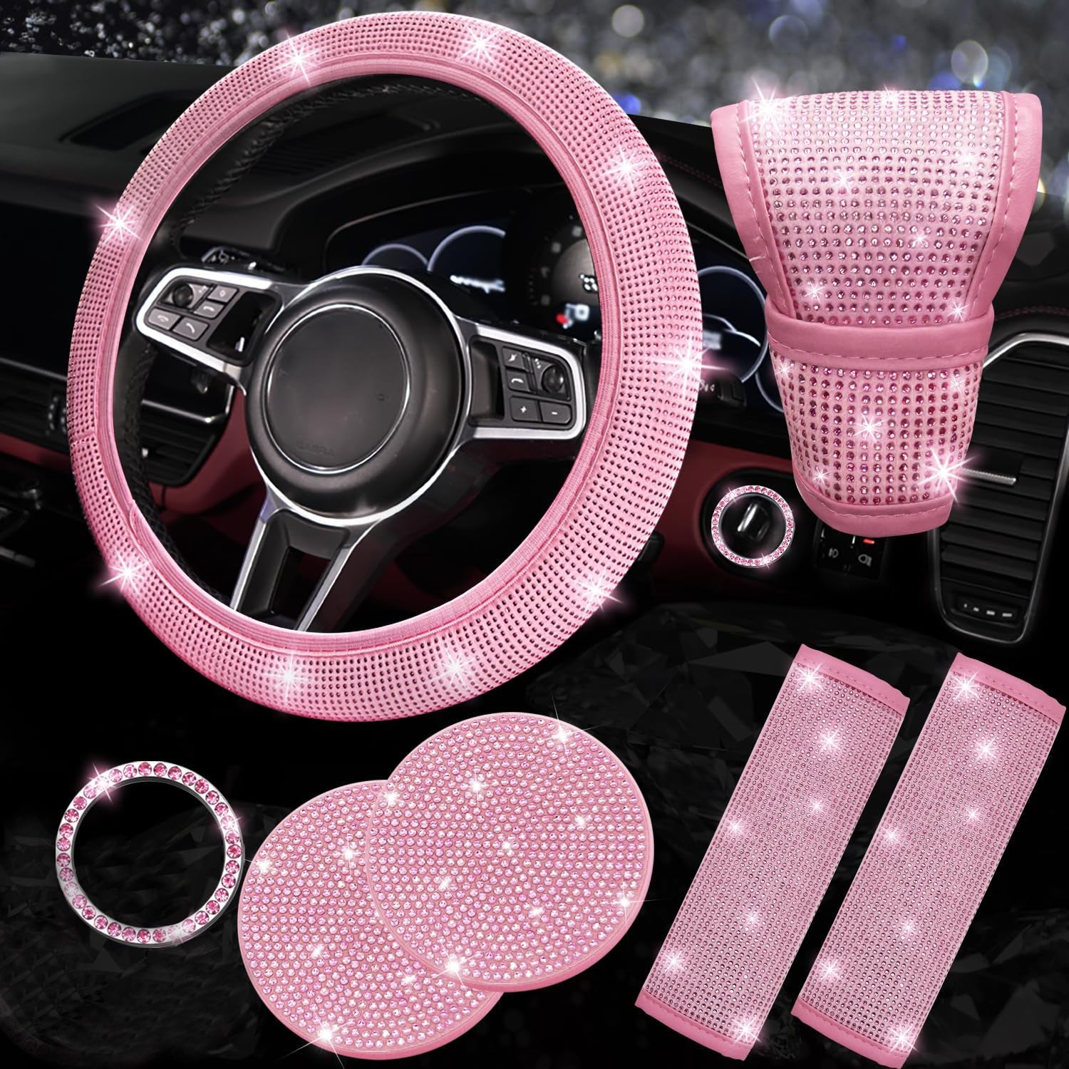 Car steering wheel cover, universal rhinestone-inlaid seatbelt cover, shoulder pad, seven-piece cross-border bestseller set