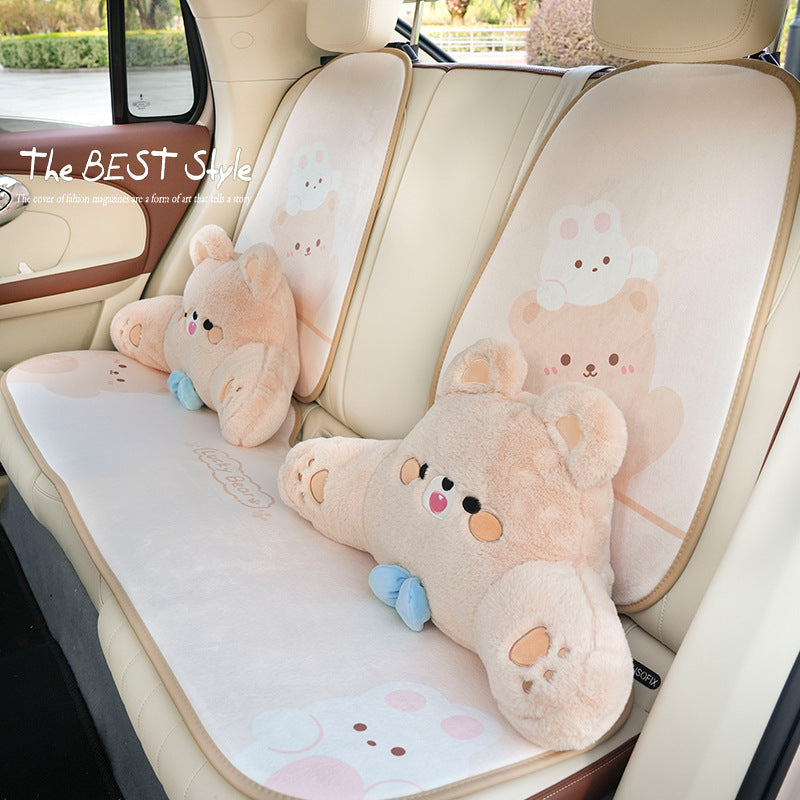 Car headrest, plush bow little bear pillow, comfortable neck pillow cushion, cute cartoon car interior lumbar support