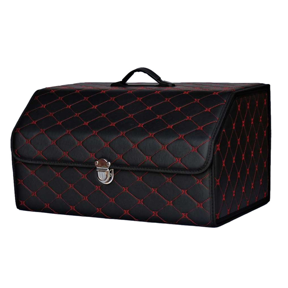 Car trunk storage box, leather foldable car organizer box, large capacity metal locking with handle storage box