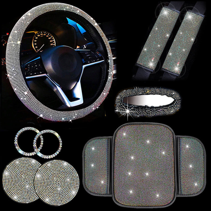 Car steering wheel cover, diamond-studded full diamond set, seat belt, shoulder pad, rearview mirror armrest, box mat, starter ring, nine-piece set