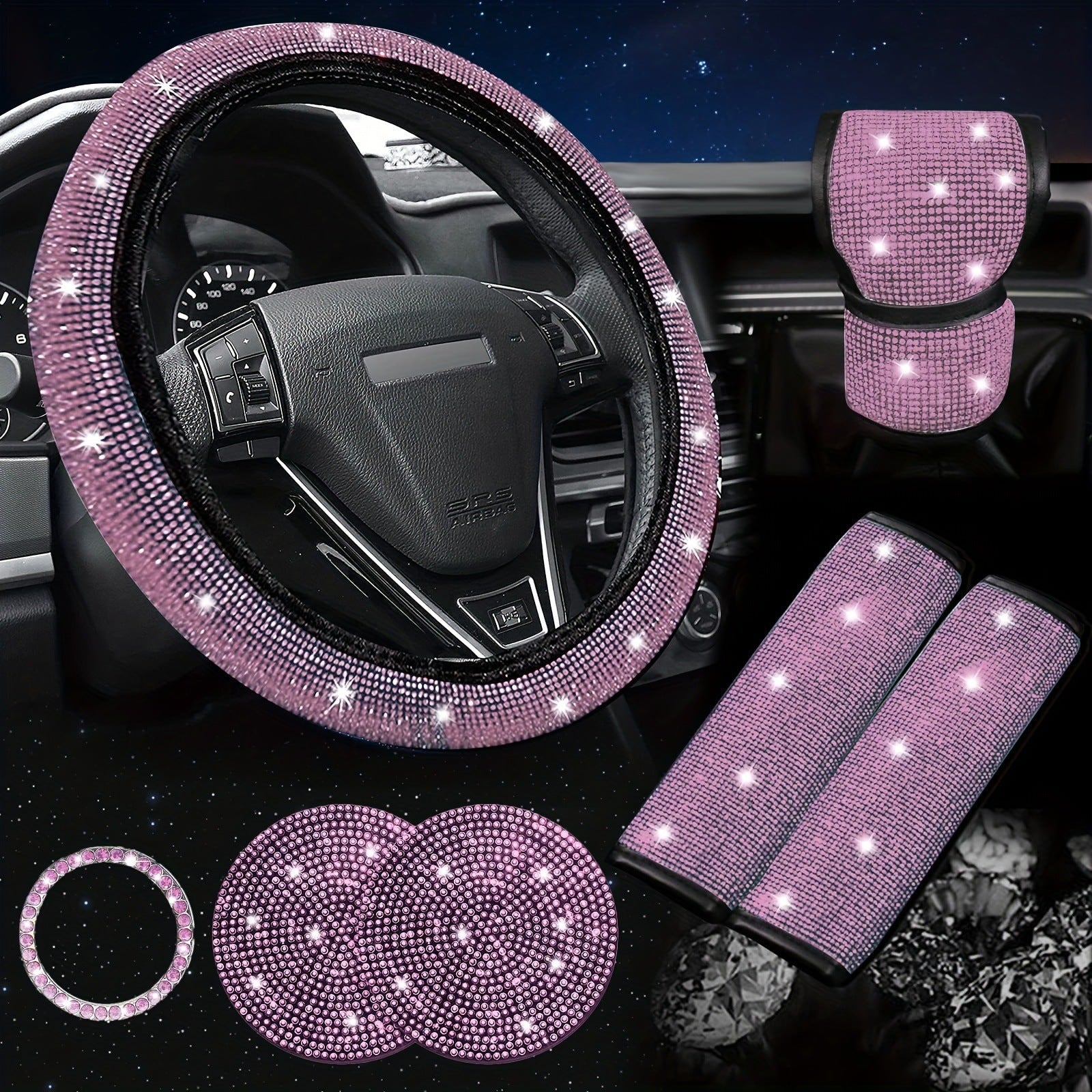 Car steering wheel cover, universal rhinestone-inlaid seatbelt cover, shoulder pad, seven-piece cross-border bestseller set